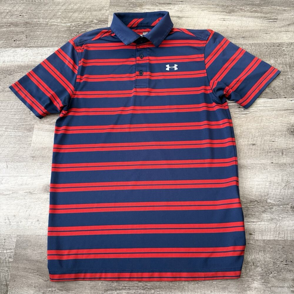 Under Armour Polo Shirt Mens Small Red Blue Striped Loose Heatgear Performance